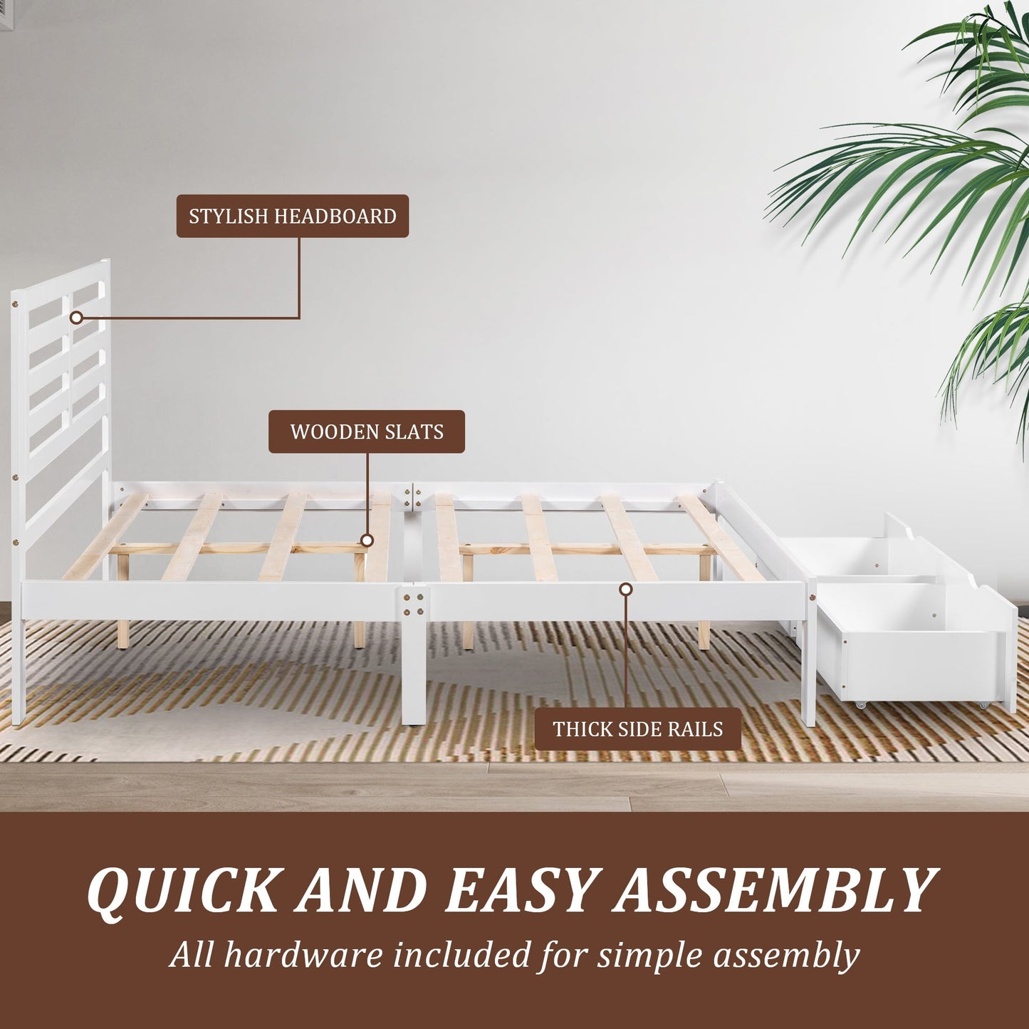 UHOMEPRO Platform Bed Frame Storage Bed with Headboard, Pine Wood Full Bed Frame for Bedroom, Modern Full Size Bed Frame with Drawers, Wood Slats Support, Holds 400 lb, No Box Spring Needed, White
