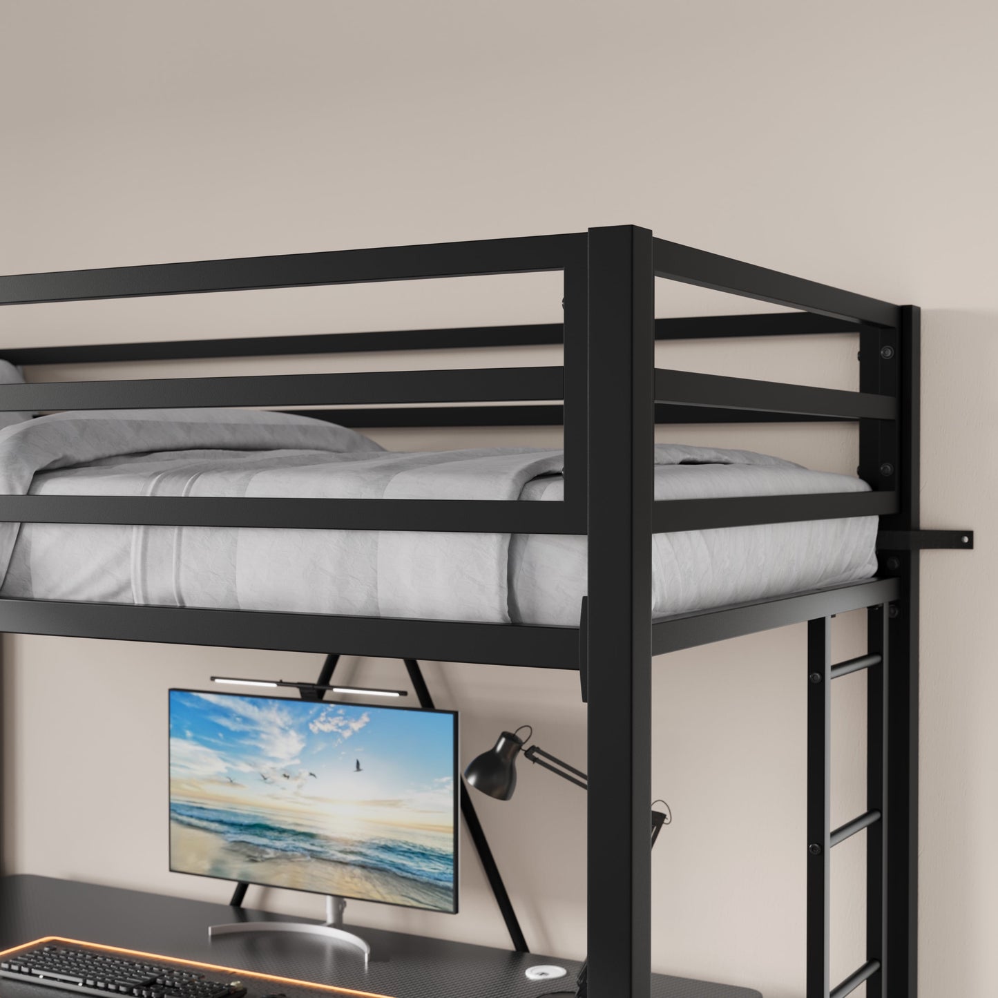CERLIN Heavy-Duty Black Metal Twin Loft Bed with Underneath Space, Removable Stair & Safety Guard