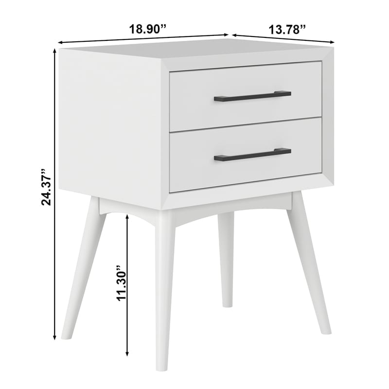 AFI Pasadena Solid Wood Mid-Century Modern Nightstand with 2 Drawers, White