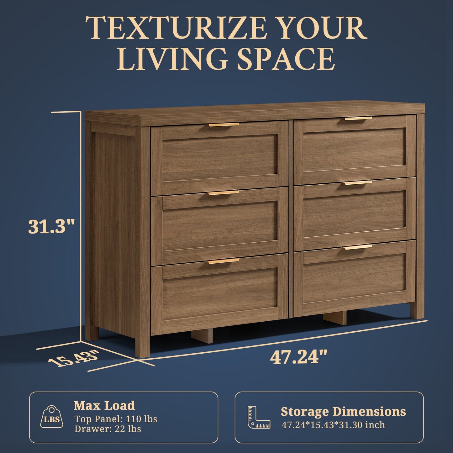 OAKHAM 6 Drawer Dresser, Wooden Chests of Drawers, Modern Large Dressers for Bedroom, Special Walnut