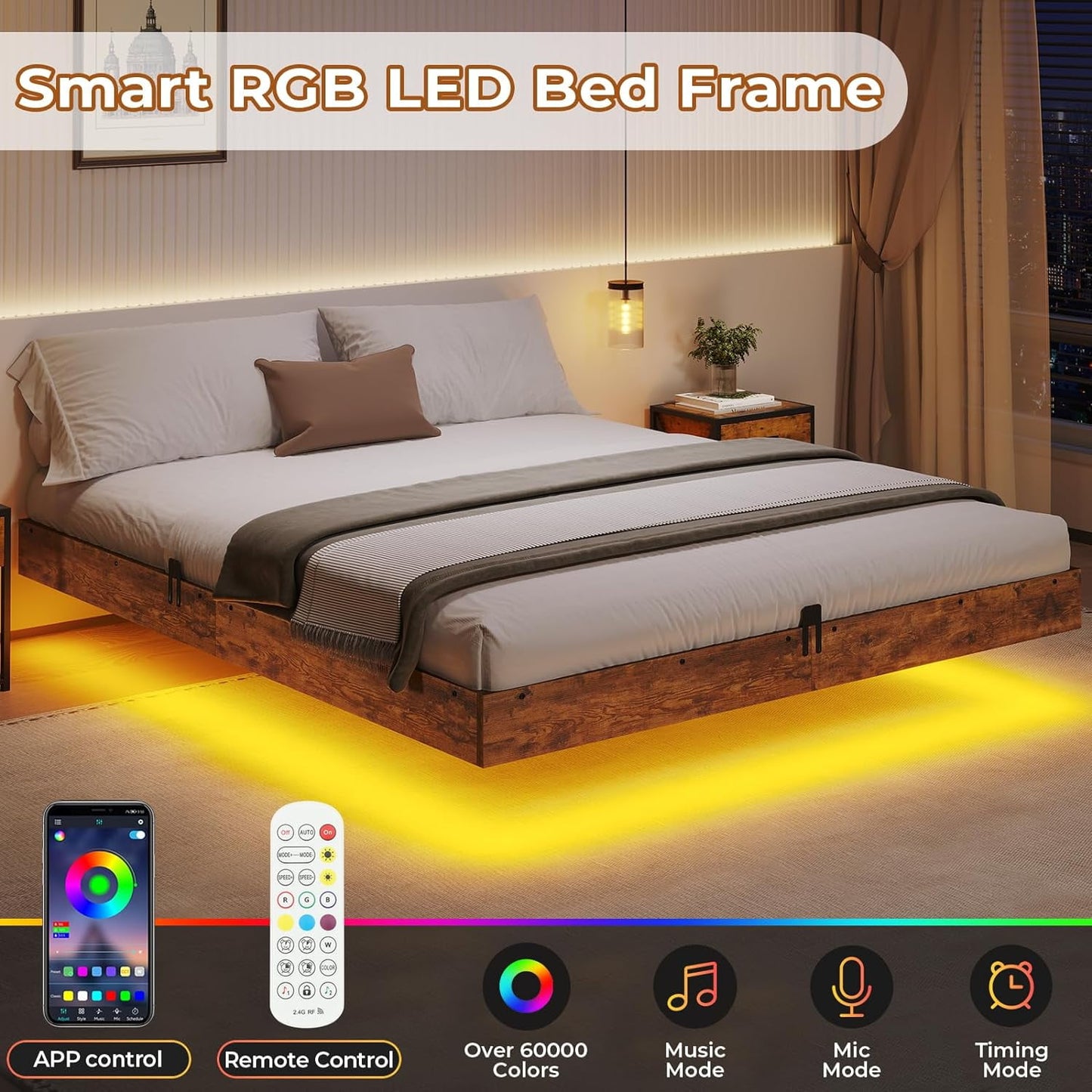 Modern Bedroom Floating Queen Size Bed Frame with Smart RGB LED Lights, Solid & Stable Platform, Industrial Style