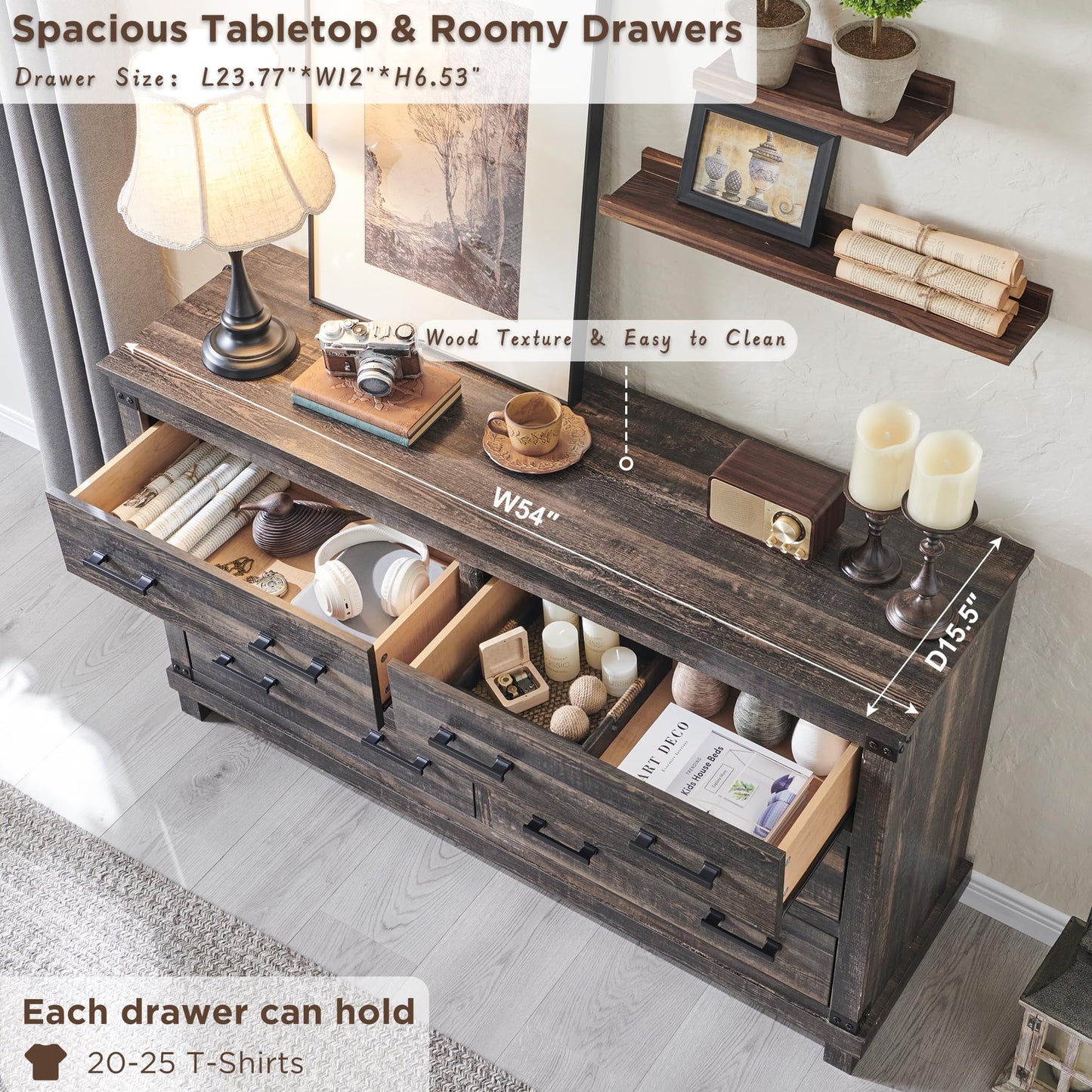 OKD Farmhouse 6 Drawers Dresser for Bedroom, Large Chest of Drawers with Thick Plank Styling, Wood Rustic Closet Dresser for Bedroom, Living Room, Dark Rustic Oak