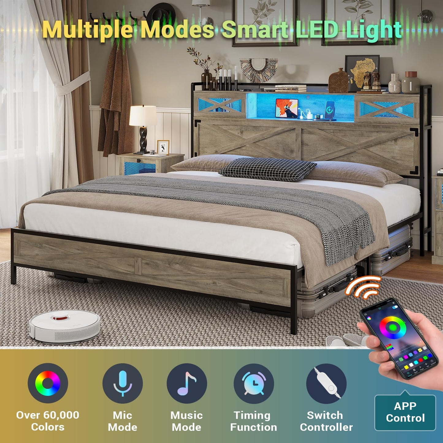 Mabor Queen Size Farmhouse Bed Frame with LED Lights, Charging Station and Storage, Rustic Oak Finish