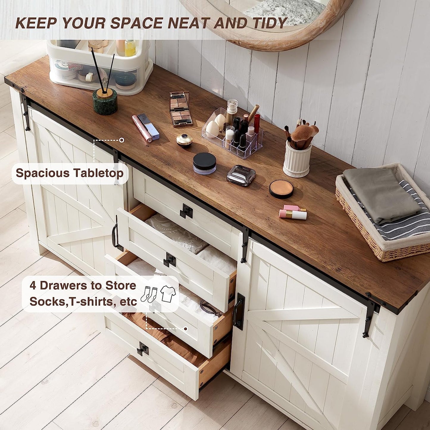 OKD 60in Farmhouse Dresser 4 Drawer with Sliding Barn Door Modern Storage Cabinet for Bedroom, Rustic Chest of Drawers Wood Organizer TV Stand for Living Room, Antique White