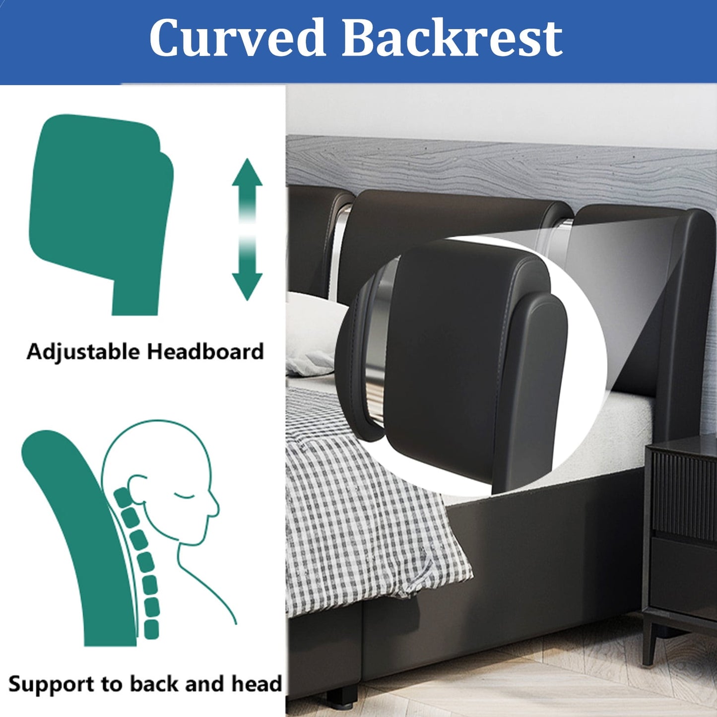 Deluxe Queen Size Bed Frame with LED Headboard, Upholstered Platform in Faux Leather