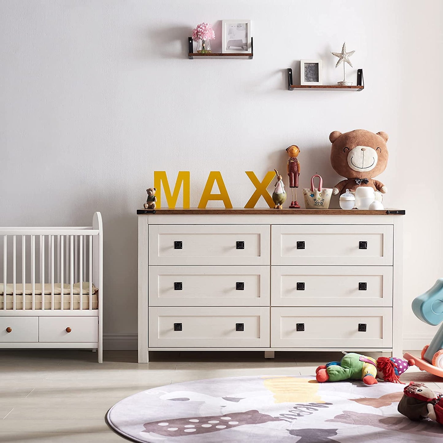 OKD 6 Drawers Dresser Chests for Home Bedroom, Farmhouse Wood Rustic Tall Chest of Drawers, Pull Drawers, off White