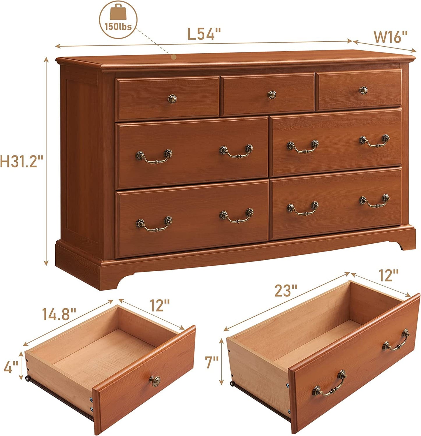 OKD 7 Drawers Dresser for Bedroom, Wide Chests of Drawers Storage Dresser Chests, Wood Rustic Storage Closet, Cherry