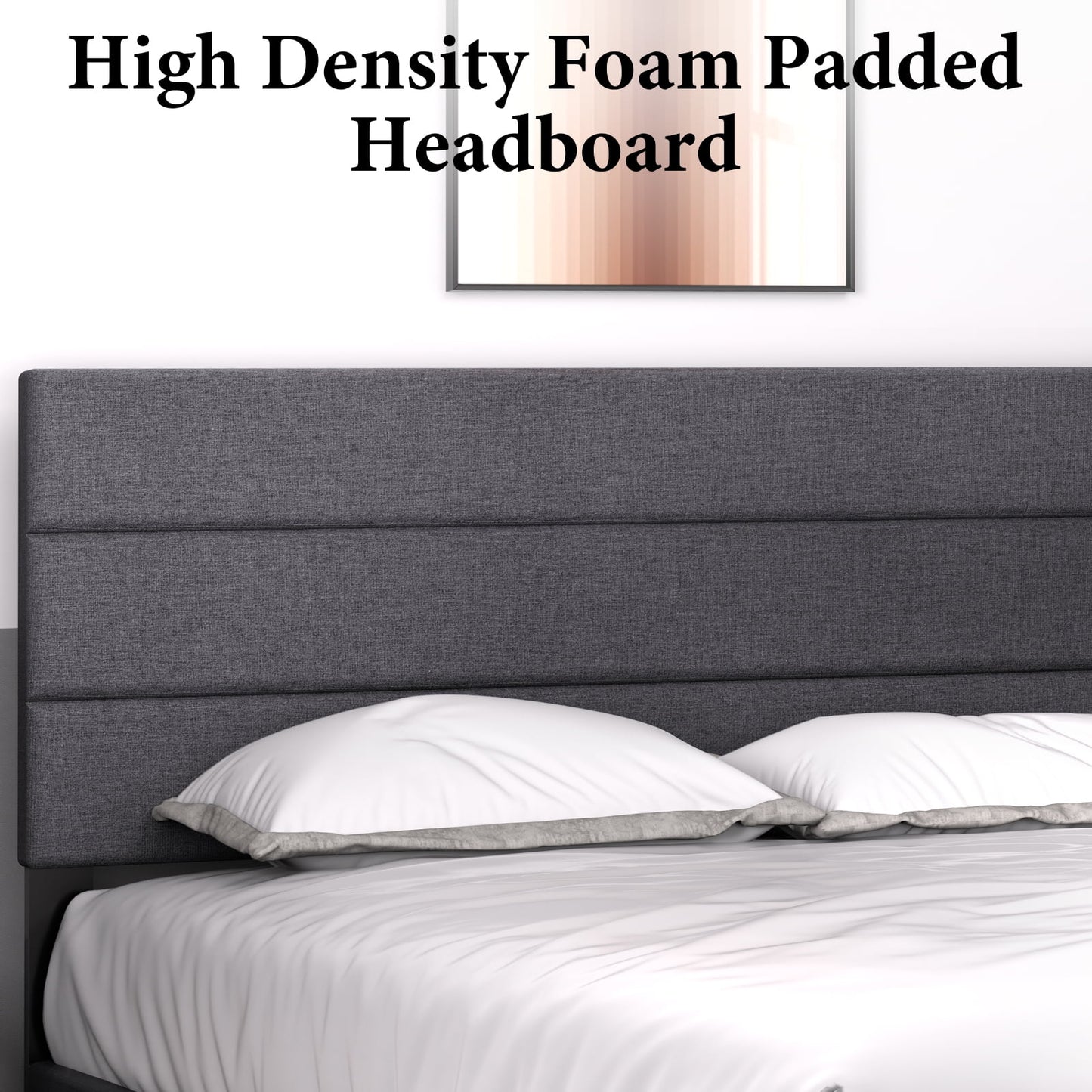 LAFGUR Full Size Platform Bed Frame with Fabric Upholstered Headboard and Wooden Slats Support, Fully Upholstered Mattress Foundation/No Box Spring Needed/Easy Assembly, Dark Grey