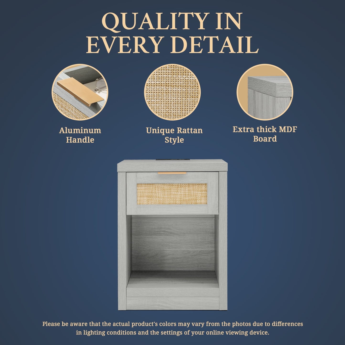 OAKHAM Rattan Nightstand set of 2 with Charging Station, Bedside Table with Type-C/USB Port, Boho Side Tables End Table for Living Room, Bedroom, Pale Oak