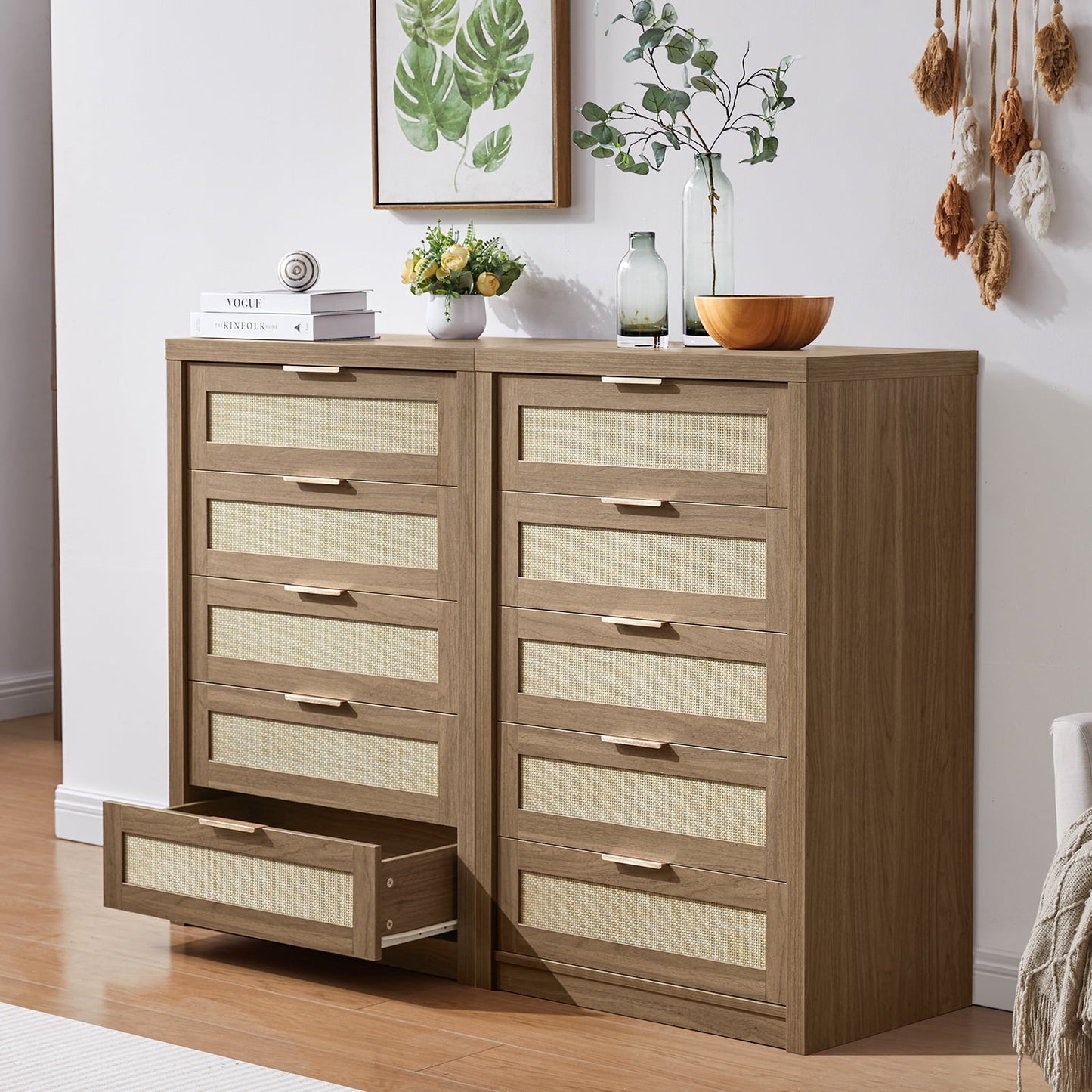 OAKHAM 5 Drawer Dresser, Rattan Wide Chest of Drawers for Bedroom Living Room, Set of 2, Special Walnut