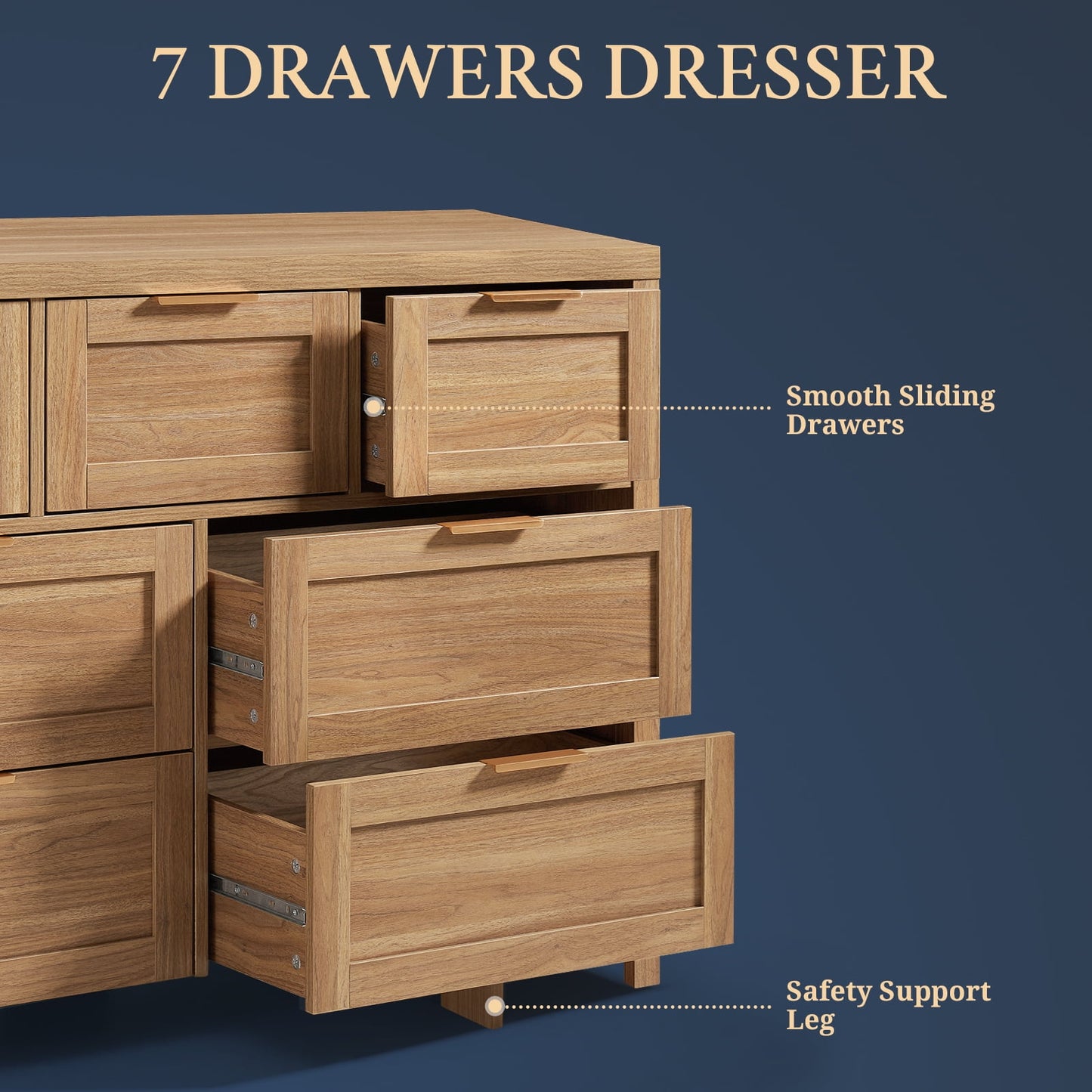 OAKHAM 7 Drawer Dresser, Wooden Chests of Drawers, Modern Large Dressers for Bedroom, Weathered Oak