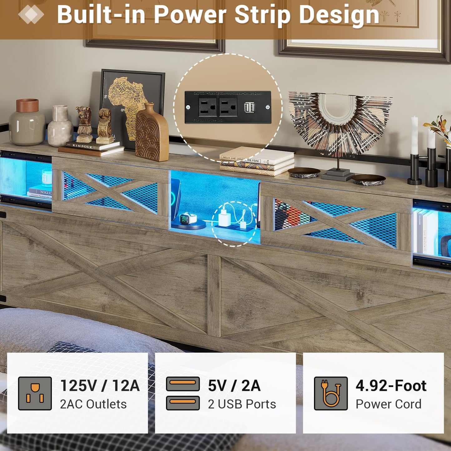 Mabor Queen Size Farmhouse Bed Frame with LED Lights, Charging Station and Storage, Rustic Oak Finish