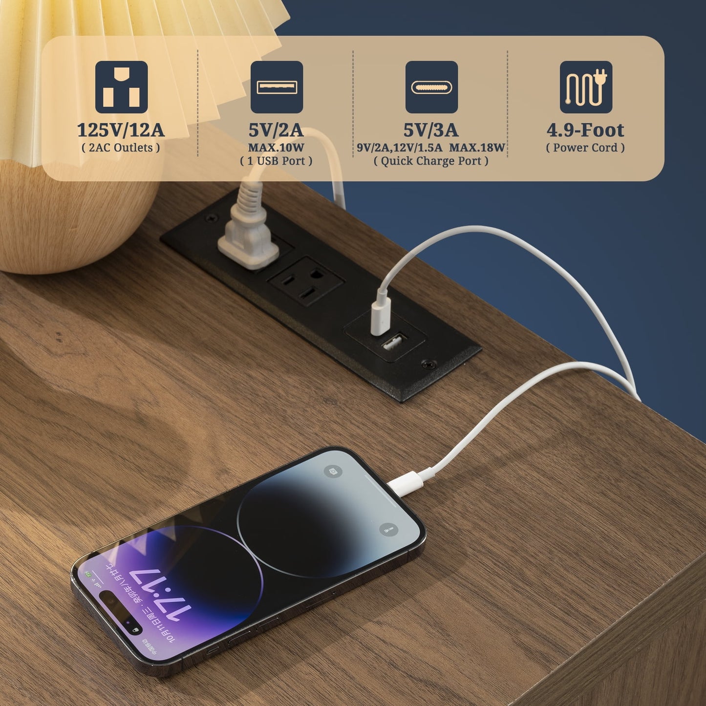 OAKHAM Rattan Nightstand set of 2 with Charging Station, Bedside Table with Type-C/USB Port, Boho Side Tables End Table for Living Room, Bedroom, Special Walnut