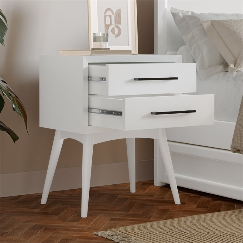 AFI Pasadena Solid Wood Mid-Century Modern Nightstand with 2 Drawers, White