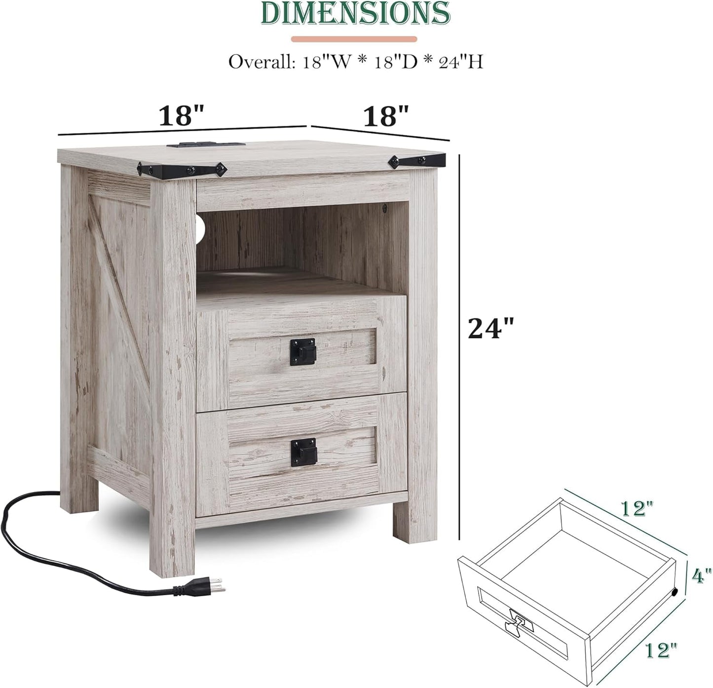 OKD Farmhouse 2-Drawer Nightstand with Charging Station, Antique Brush White
