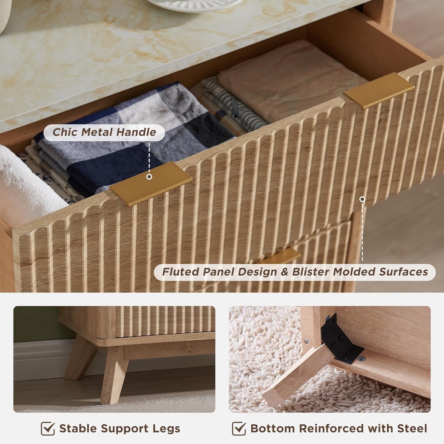 Extra Savings! OKD 6 Drawer Double Dresser with Faux Marble Top, 54in Wood Storage Side Cabinet Chest of Drawer for Bedroom Living Room, Natural Oak - Walmart.com