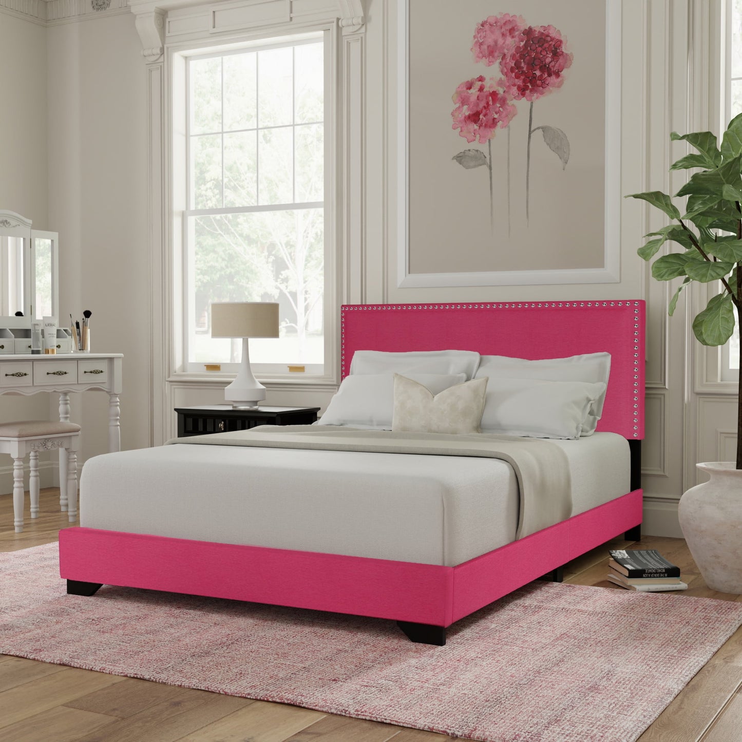 Skylar Nailhead Trim Upholstered Full Platform Bed, Pink