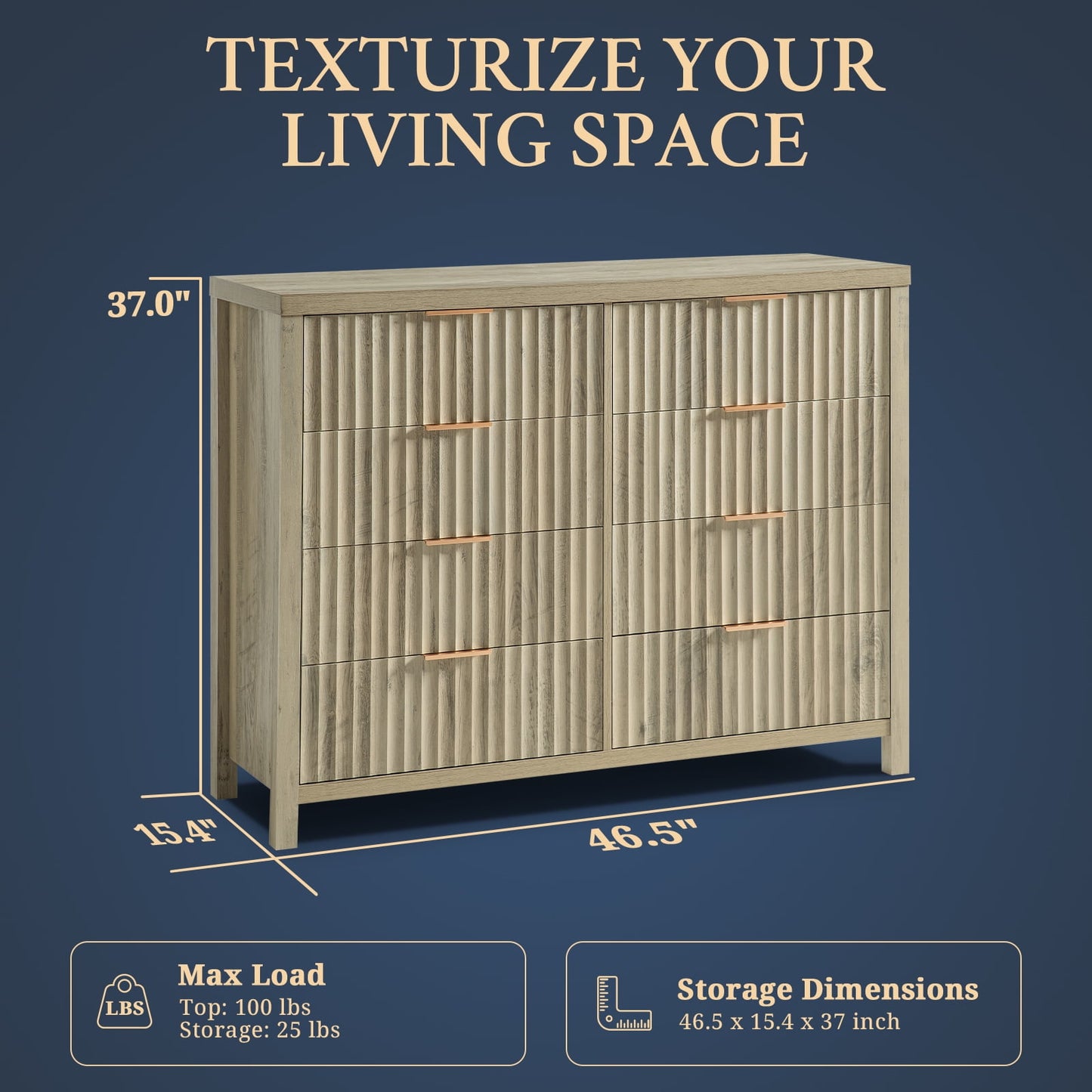 OAKHAM 8 Drawer Dresser, Fluted Wide Chest of Drawers for Bedroom Living Room, Sunwashed Ash Oak