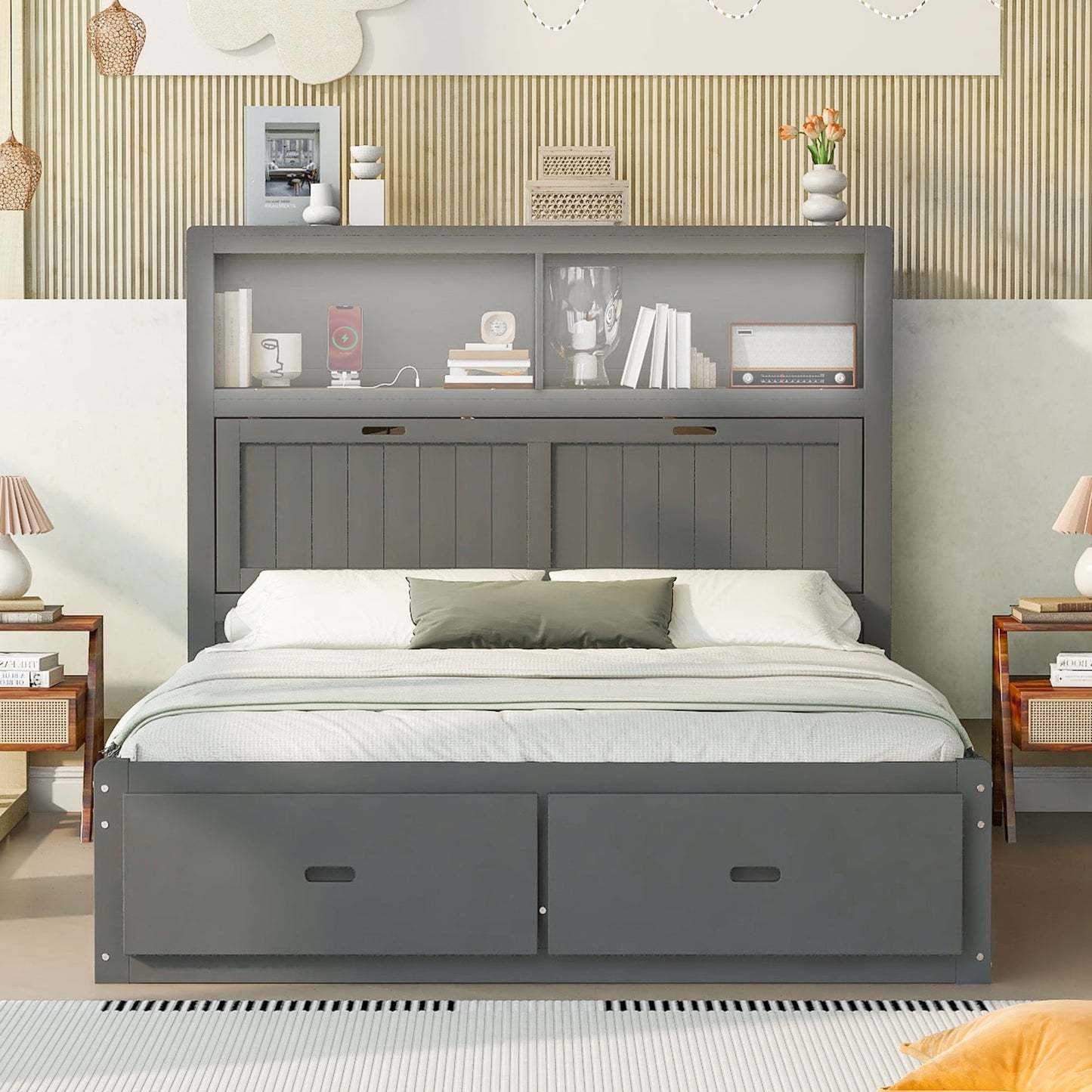 EUROCO Queen Size Platform Bed with Lift up Storage and LED Headboard, USB Charging Station and 2 Drawers, Gray