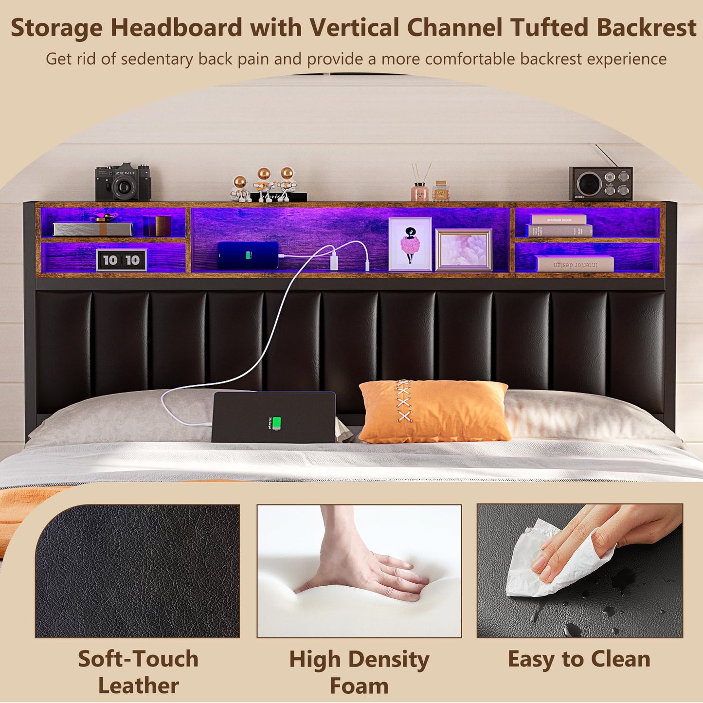 Alohappy Queen Size Bed Frame with Bookcase Headboard, Charging Station, Upholstered LED & 4 Storage Drawers