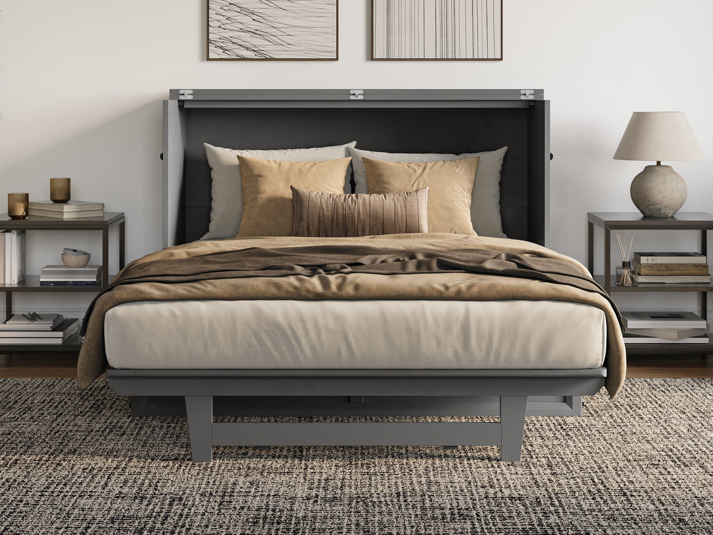 AFI Santa Fe Full Wood Murphy Bed Chest with Mattress and Built-in Charger, Grey