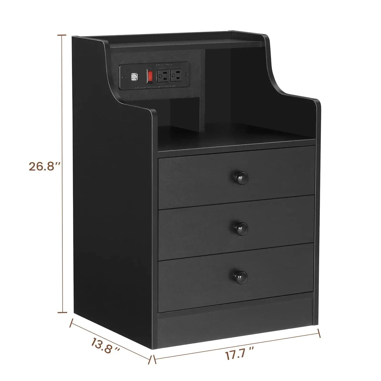 Nightstands Set of 2,Black Nightstand with Hutch and 3 Drawers,Bedside Table with Charging Station for Bedrooms
