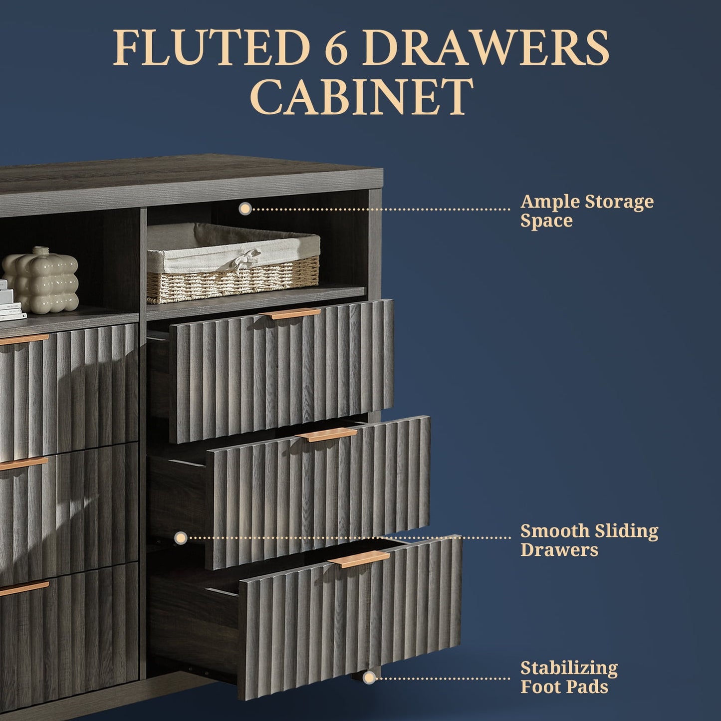 OAKHAM 6 Drawer Dresser, Fluted Wide Chest of Drawers for Bedroom Living Room, Midnight Oak