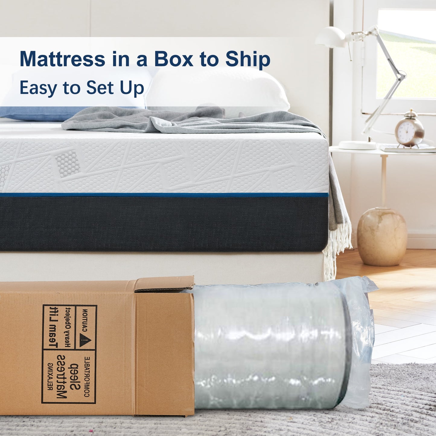 Madinog 14in Queen Size Memory Foam Mattress, High-Quality, Safe, Comfortable, Easy to Clean, Compressed in a Box