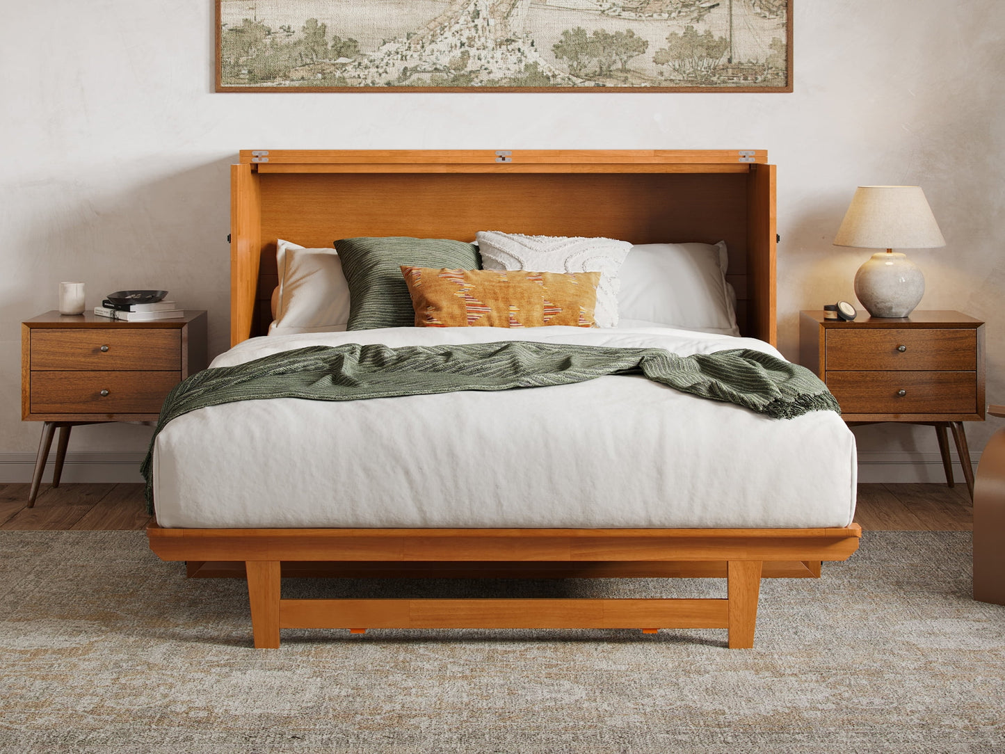 AFI Santa Fe Queen Wood Murphy Bed Chest with Mattress and Built-in Charger, Light Toffee