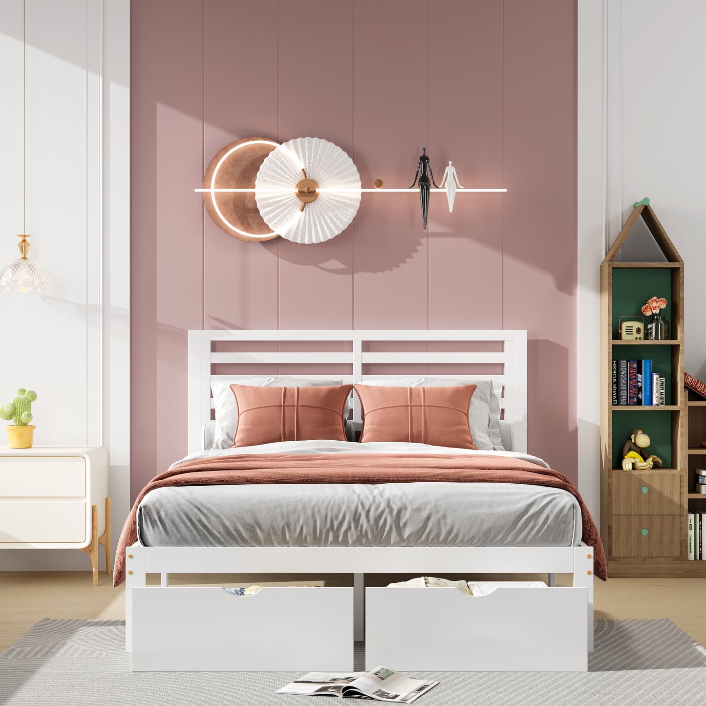 UHOMEPRO Platform Bed Frame Storage Bed with Headboard, Pine Wood Full Bed Frame for Bedroom, Modern Full Size Bed Frame with Drawers, Wood Slats Support, Holds 400 lb, No Box Spring Needed, White