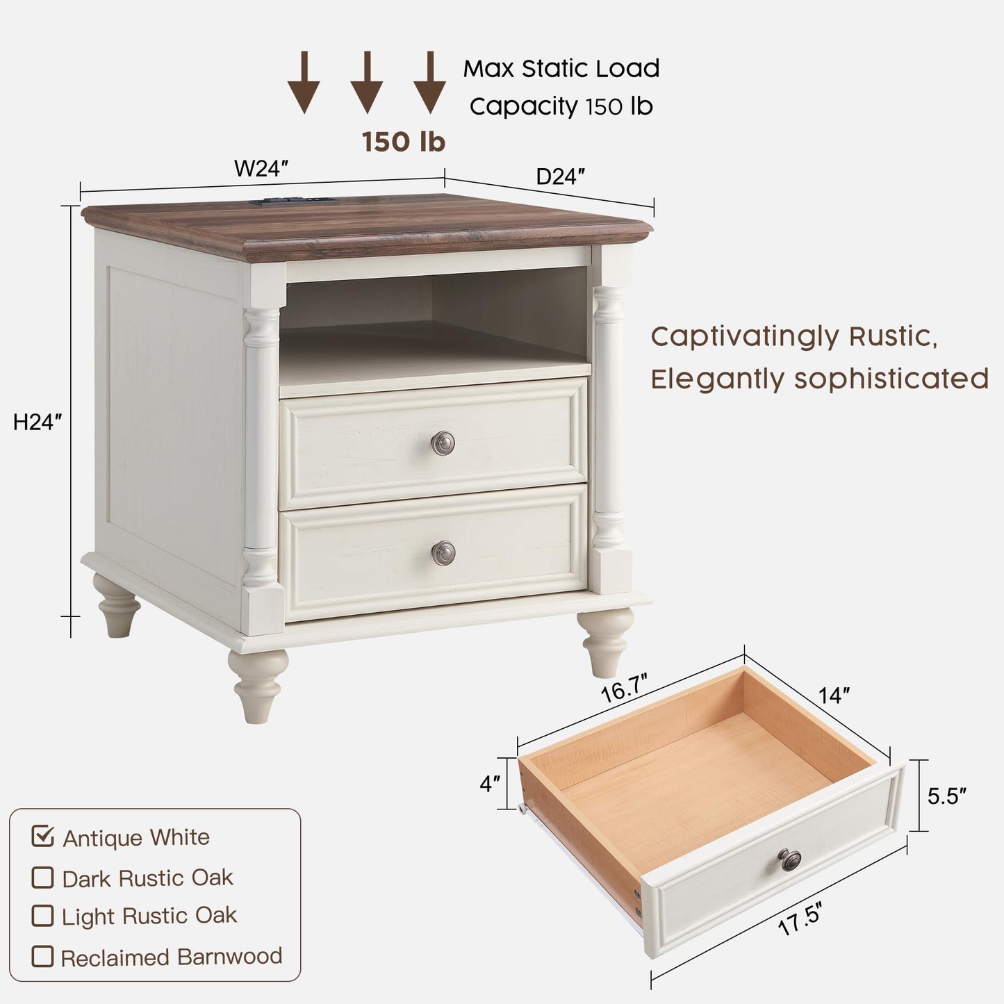OKD Farmhouse 24in End Side Table with 2 Drawers Nightstand with Charging Station Rustic Wood Square for Living Room, Bedroom, Antique White