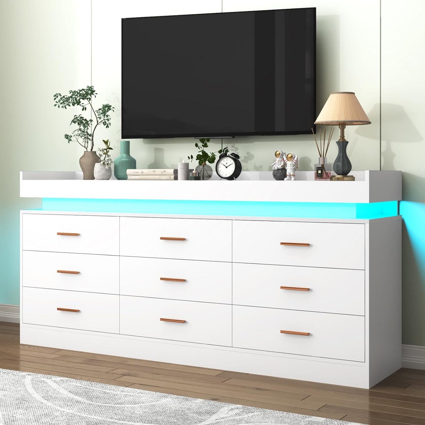 Modern 9-Drawer Dresser with LED Light, Wide Drawer Organizer Cabinet for Bedroom, Closet, Entryway, Hallway (White)