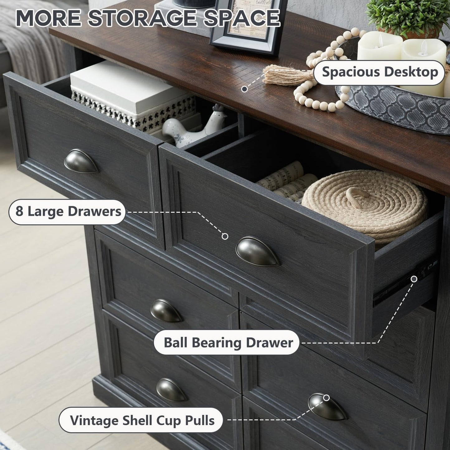 SinCiDo Solid Wooden 8 Drawer Dresser for Bedroom, Farmhouse Rustic Tall Organizer Storage, Dark Grey