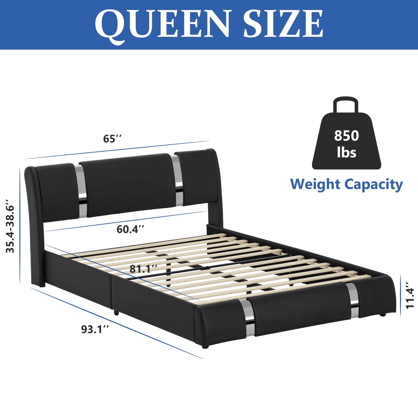 Deluxe Queen Size Bed Frame with LED Headboard, Upholstered Platform in Faux Leather