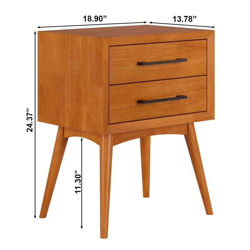 AFI Pasadena Solid Wood Mid-Century Modern Nightstand with 2 Drawers, Light Toffee