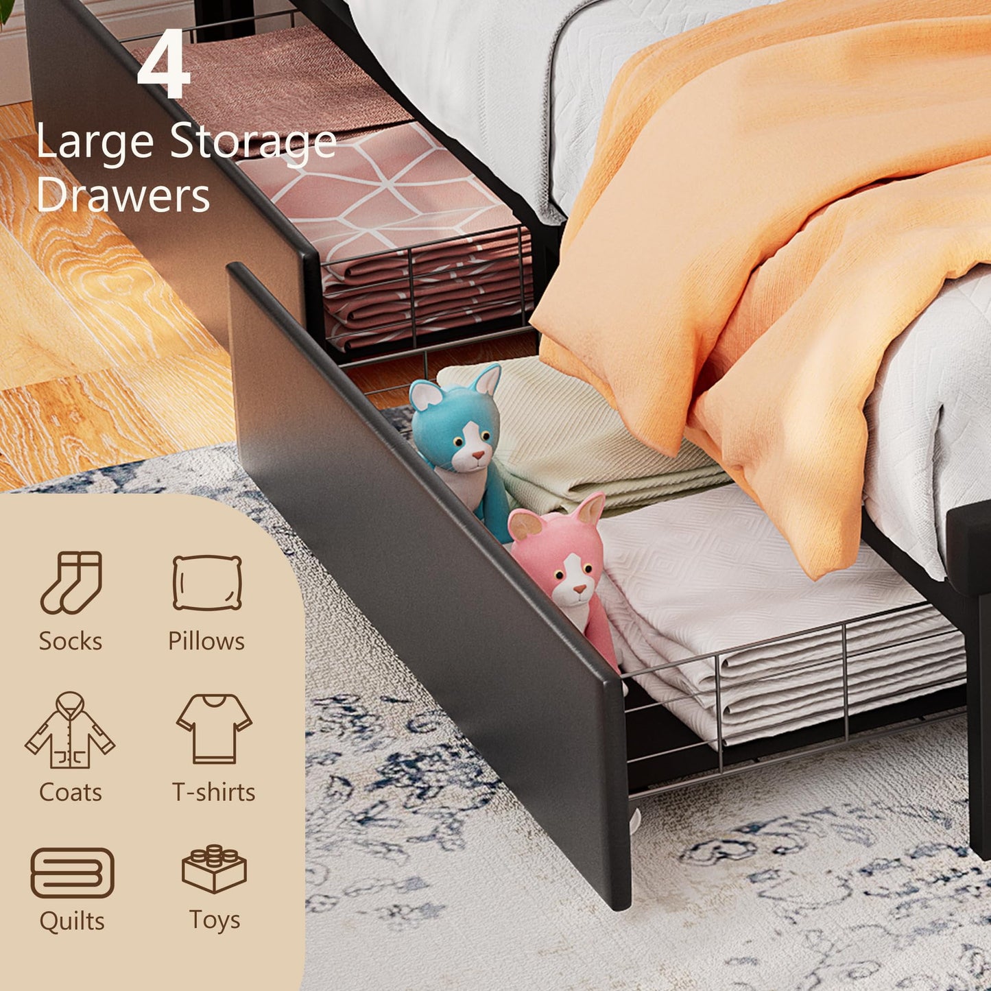 Alohappy Queen Size Bed Frame with Bookcase Headboard, Charging Station, Upholstered LED & 4 Storage Drawers