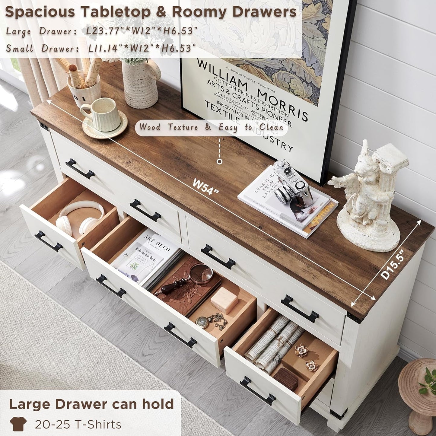 OKD 54in W Farmhouse Dresser 7 Drawers Modern Rustic Wood Chest of Drawers Closet Storage Organizers for Bedroom Living Room Hallway£¬Antique White