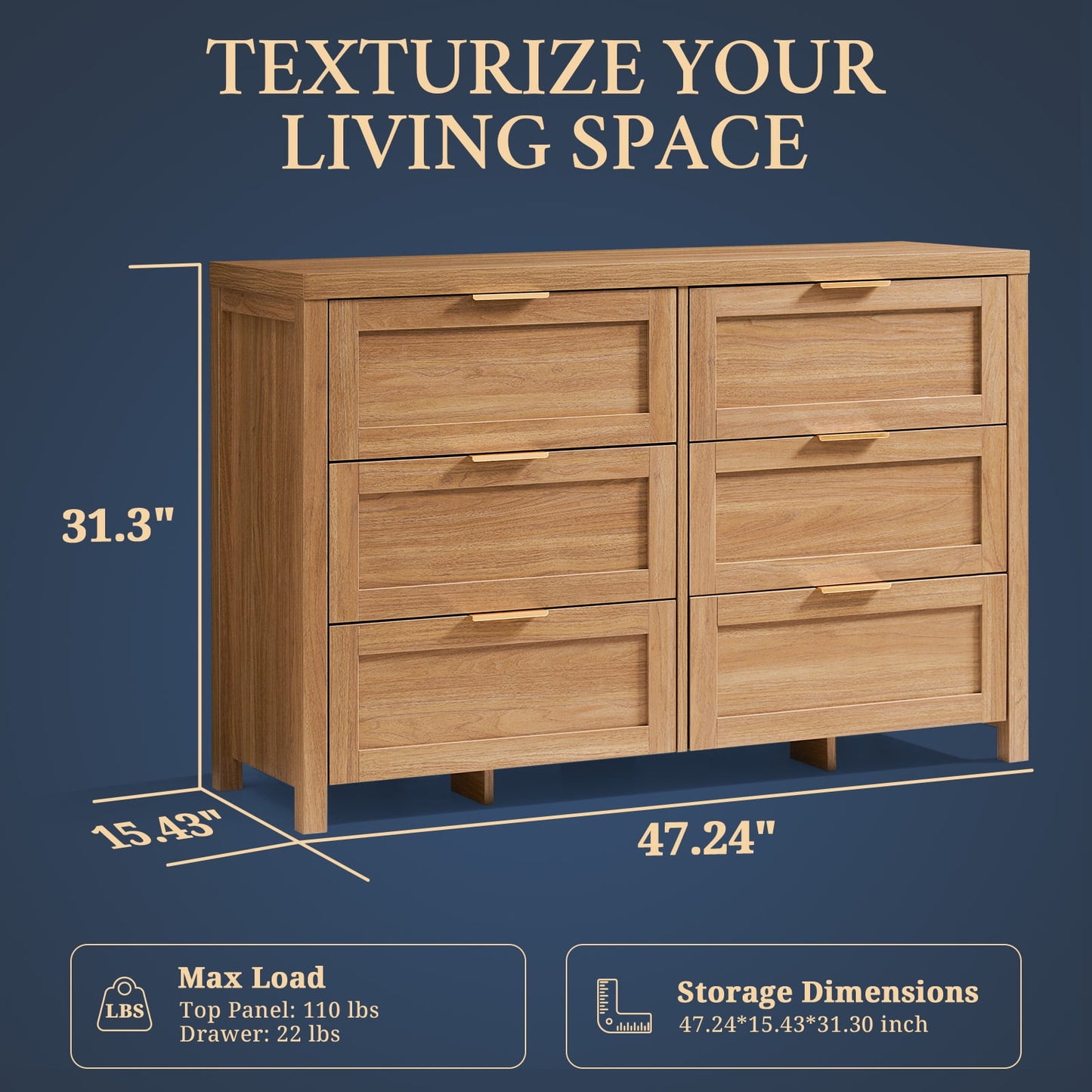 OAKHAM 6 Drawer Dresser, Wooden Chests of Drawers, Modern Large Dressers for Bedroom, Weathered Oak