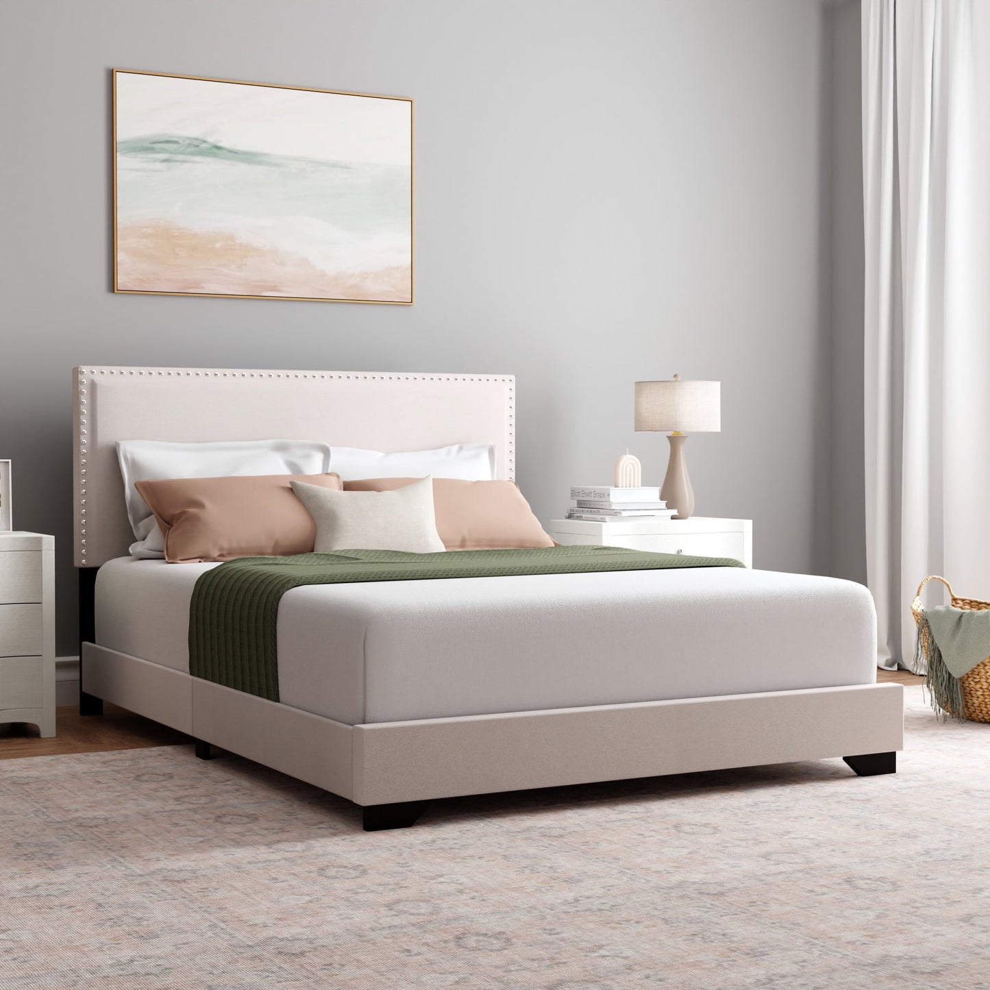 Skylar Nailhead Trim Upholstered Full Platform Bed, Cream