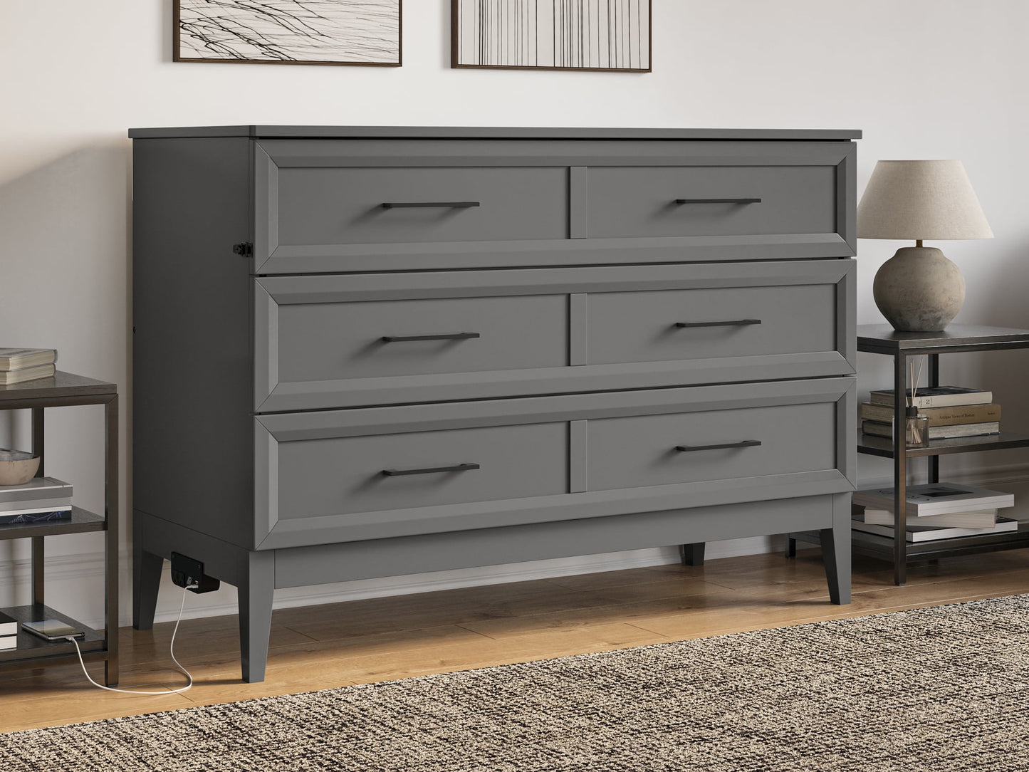 AFI Santa Fe Full Wood Murphy Bed Chest with Mattress and Built-in Charger, Grey