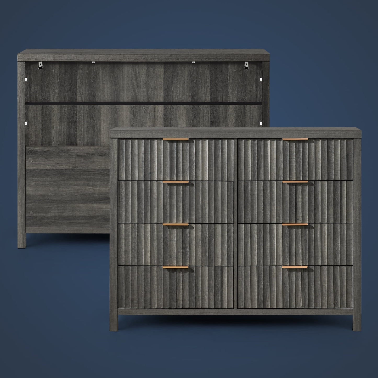 OAKHAM 8 Drawer Dresser, Fluted Wide Chest of Drawers for Bedroom Living Room, Midnight Oak