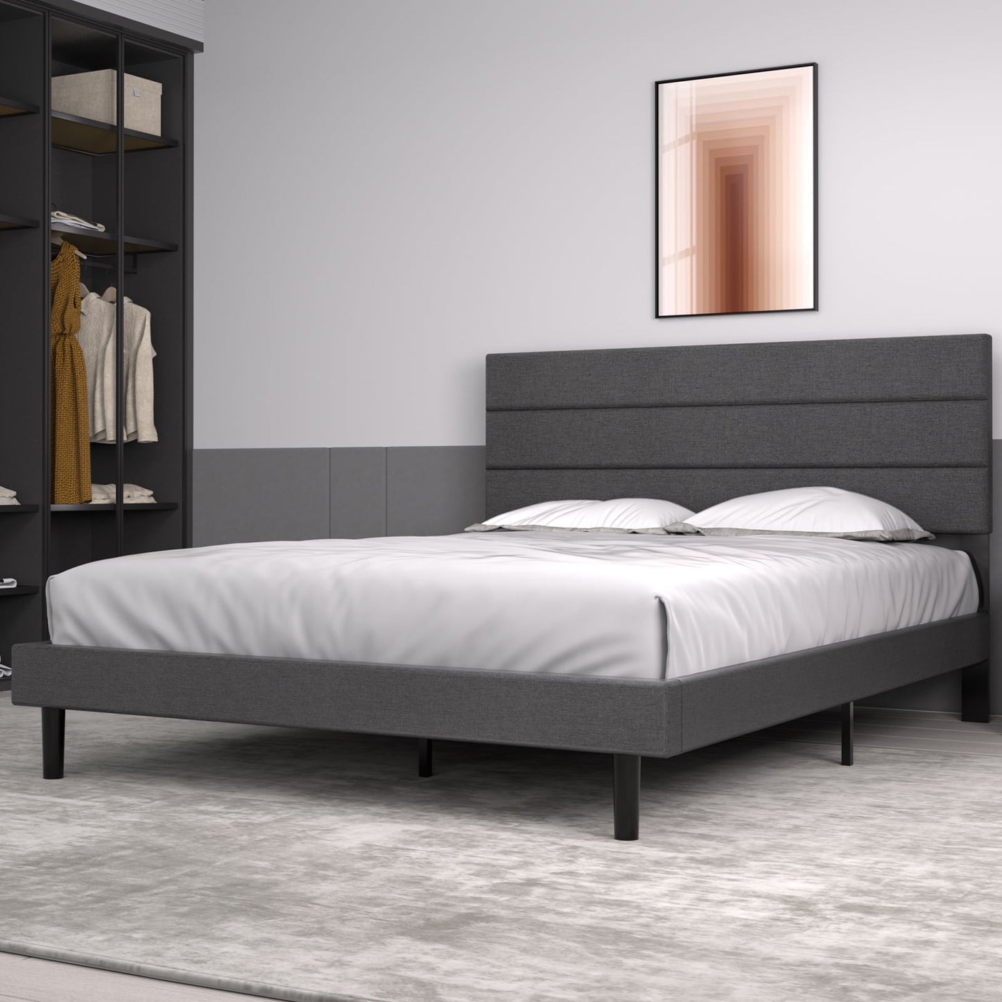 LAFGUR Full Size Platform Bed Frame with Fabric Upholstered Headboard and Wooden Slats Support, Fully Upholstered Mattress Foundation/No Box Spring Needed/Easy Assembly, Dark Grey