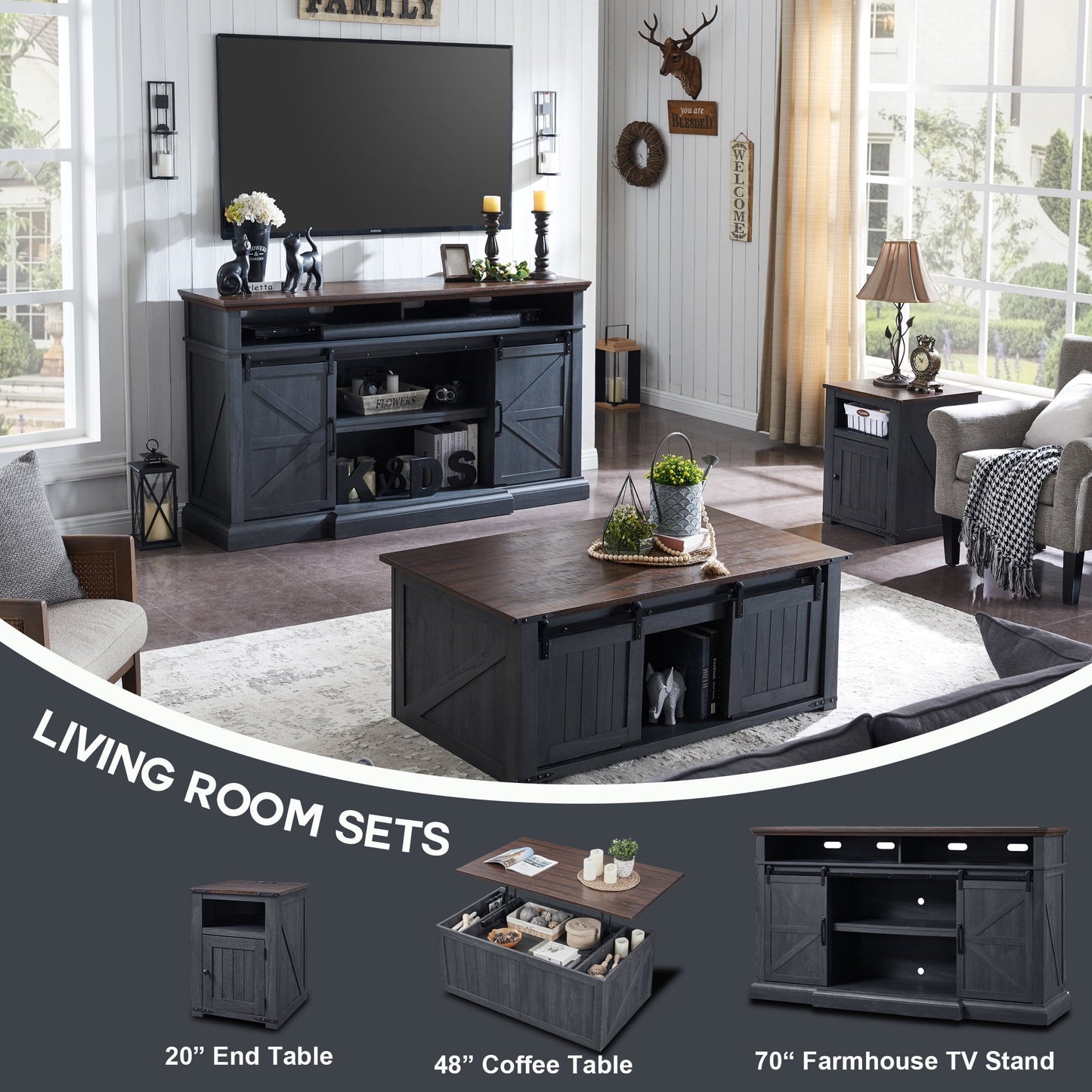 SinCiDo Nightstand with Charging Station, 20in Farmhouse End Table w/Groove Barn Door, Bedside Table