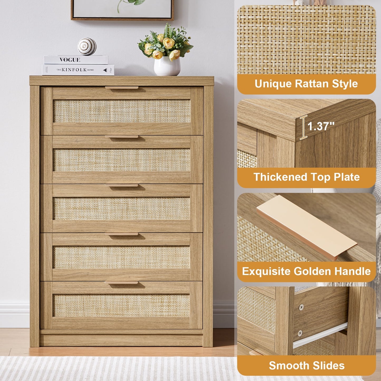OAKHAM 5 Drawer Dresser, Rattan Wide Chest of Drawers for Bedroom Living Room, Weathered Oak