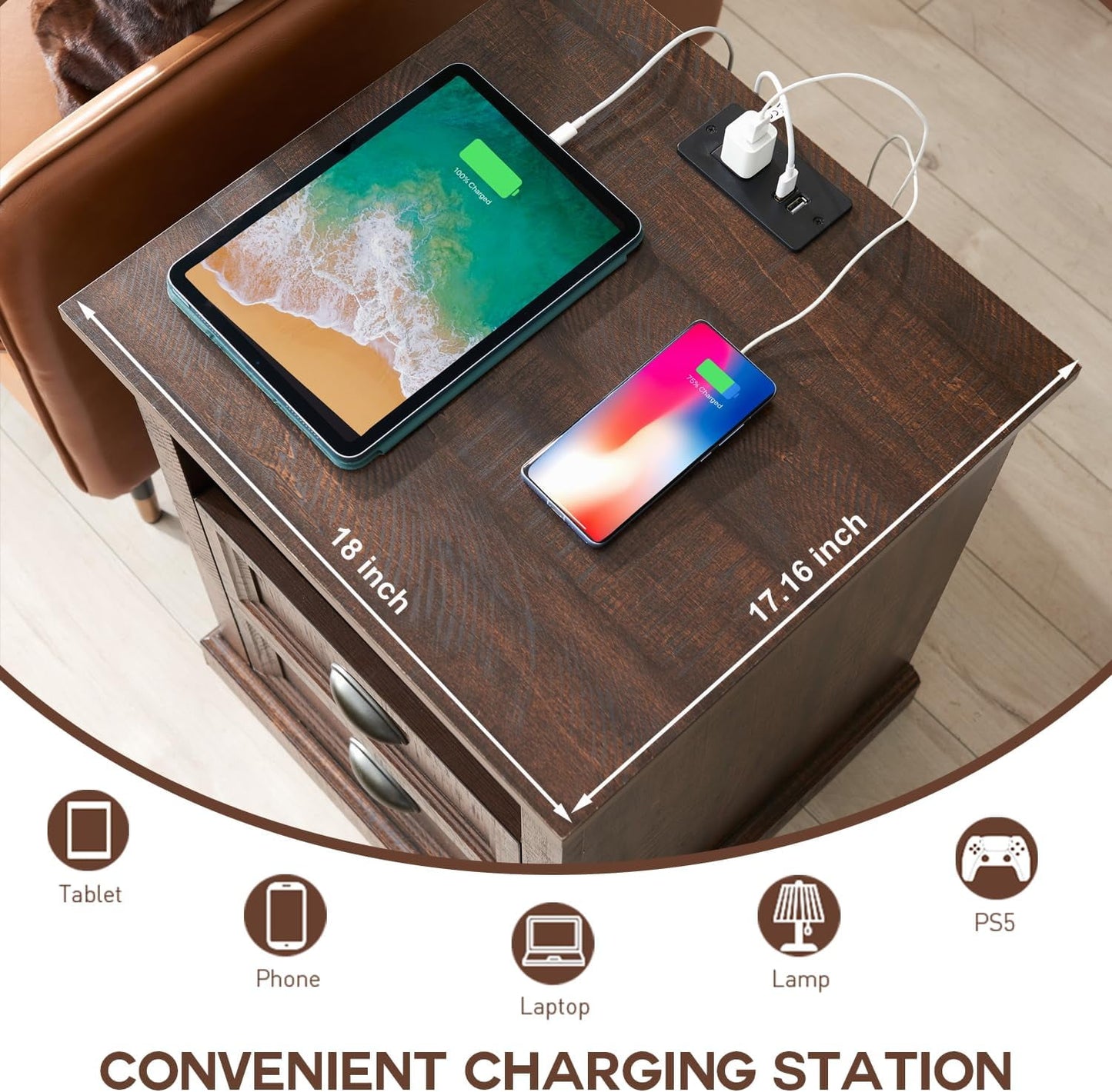 SinCiDo End Table, Dresser for Bedroom with 2 Drawers, Small Wood Rustic Nightstand with Charging Station for Living Room