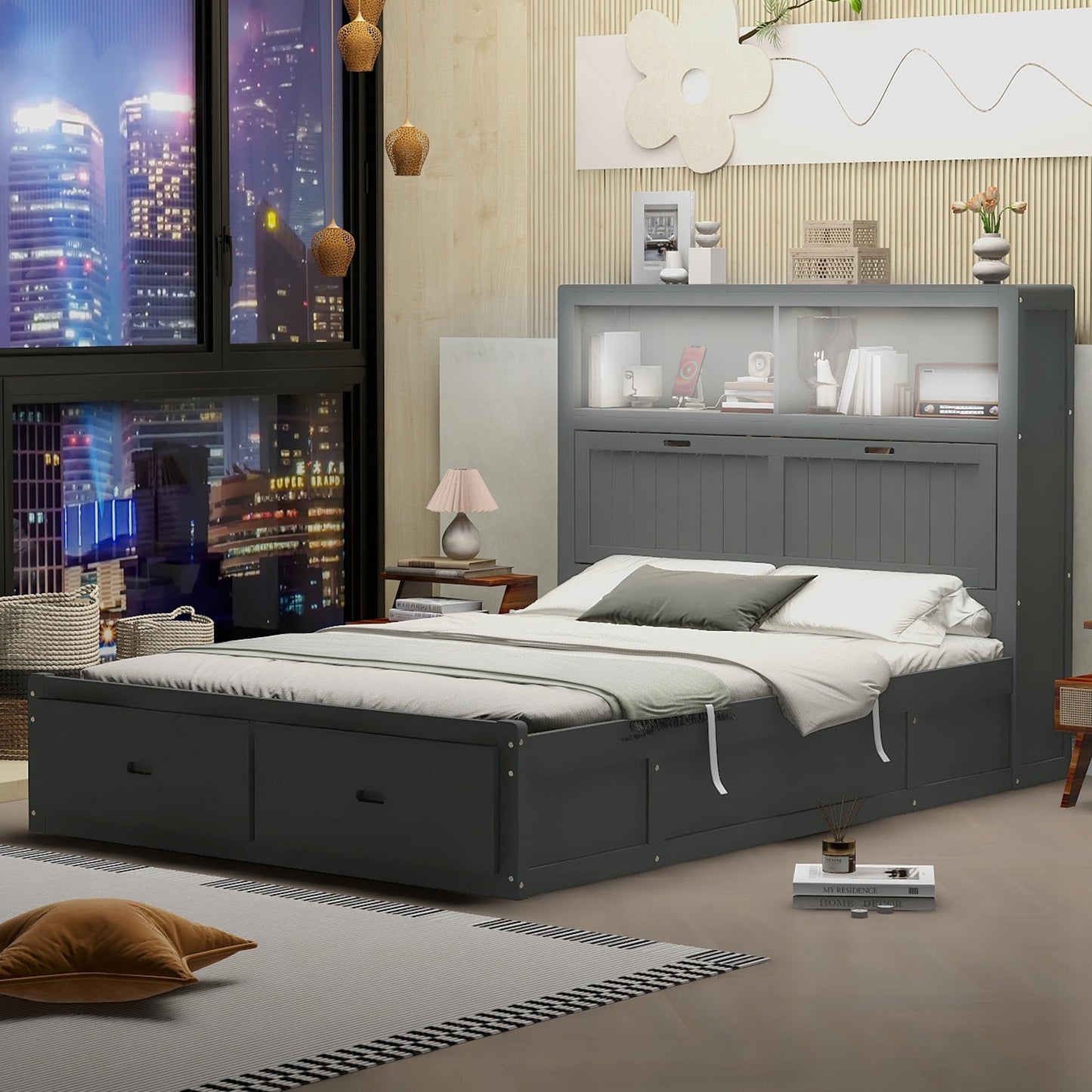 EUROCO Queen Size Platform Bed with Lift up Storage and LED Headboard, USB Charging Station and 2 Drawers, Gray