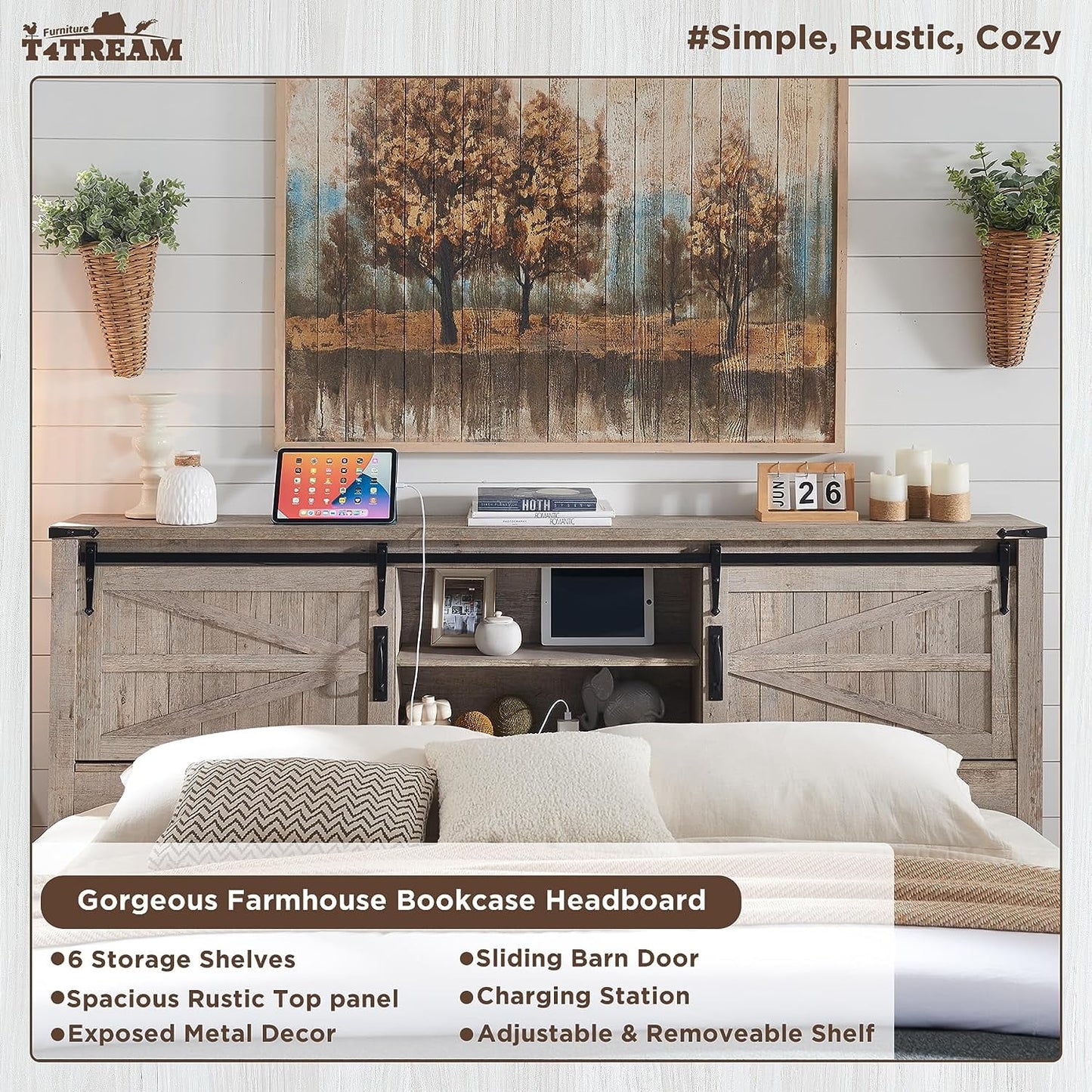 OKD Farmhouse Full Bed Frame, Wood Platform Bed with Bookcase Storage Headboard and Charging Station, No Box Spring Needed, Light Rustic Oak