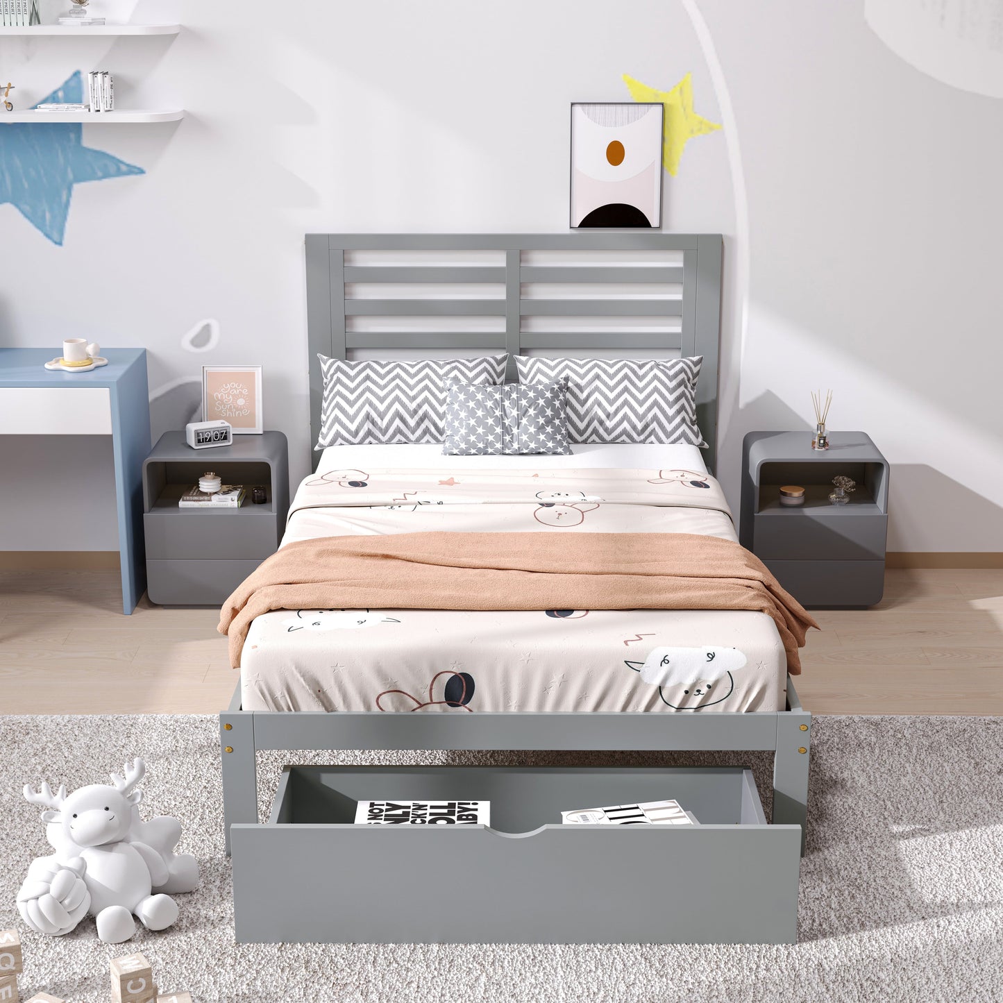 UHOMEPRO Twin Kids Platform Bed Frame with Headboard, Wood Twin Bed Frame Storage Bed for Bedroom, Modern Twin Size Bed Frame with Drawer, Wood Slats Support, No Box Spring Needed, Gray