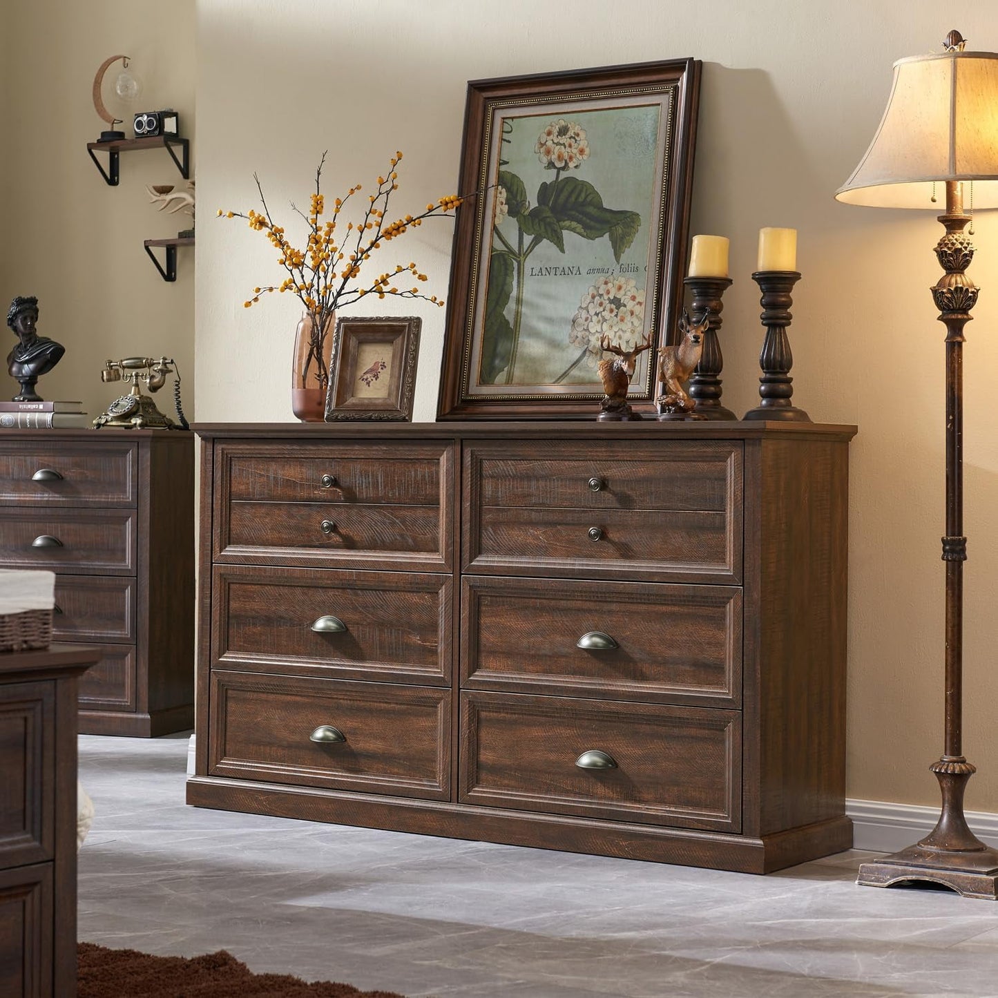 SinCiDo Farmhouse Dresser for Bedroom w/6 Drawers, Wood Rustic Tall Dresser Chest of Drawer for Closet, Living Room