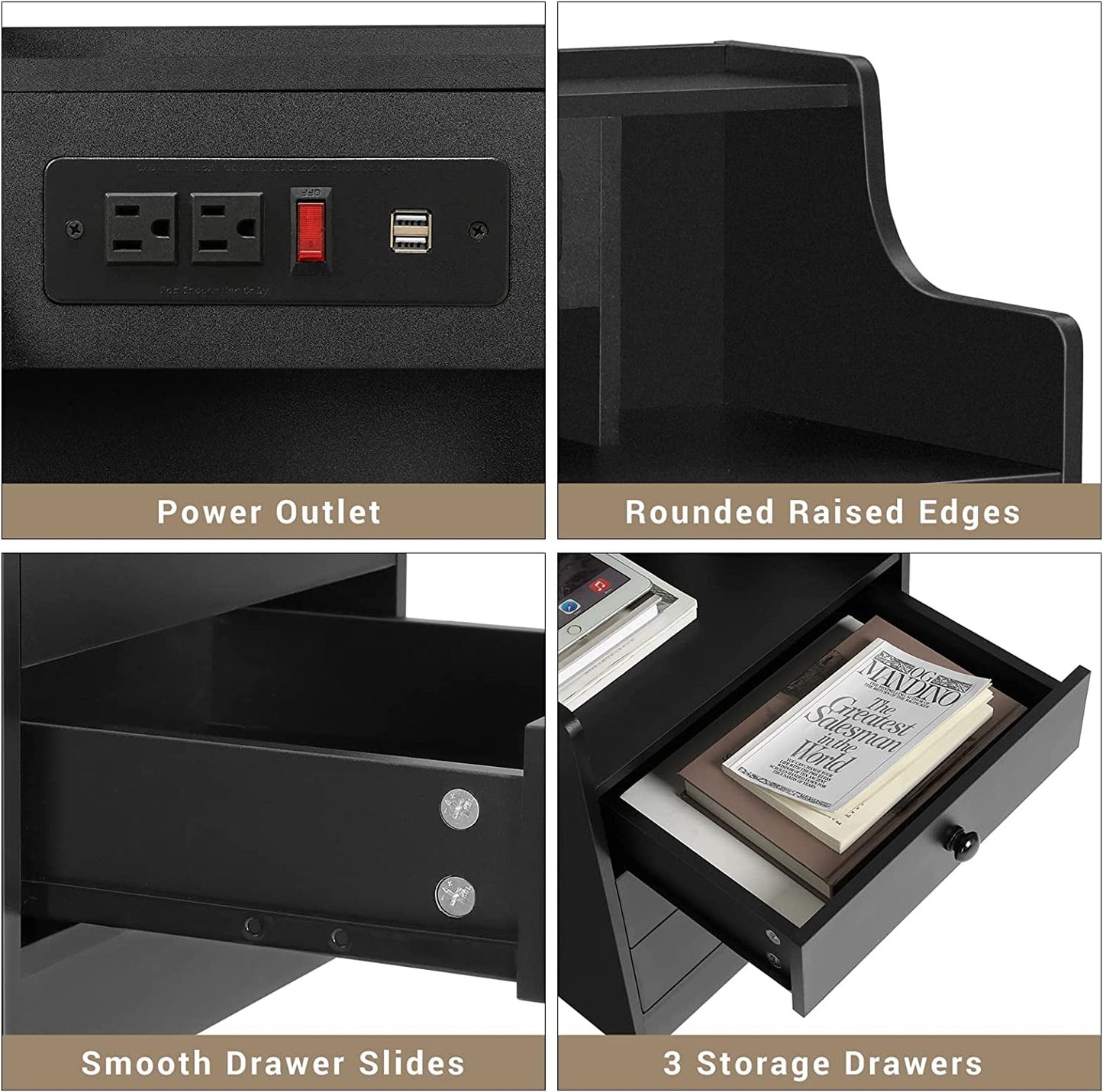 Nightstands Set of 2,Black Nightstand with Hutch and 3 Drawers,Bedside Table with Charging Station for Bedrooms